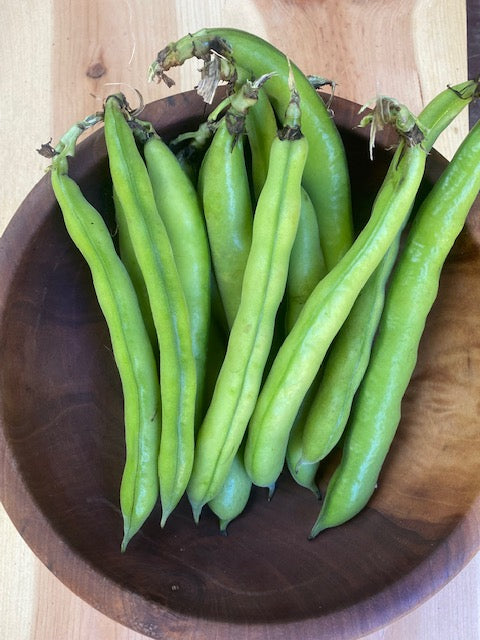 fresh green fava beans laying in a wooden bowl